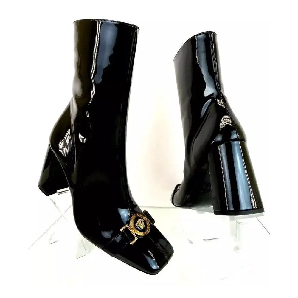 VERSACE BLACK PATENT LEATHER GOLD MEDUSA MEDALLION ZIP HEEL ANKLE BOOTS 36 - Picture 2 of 10